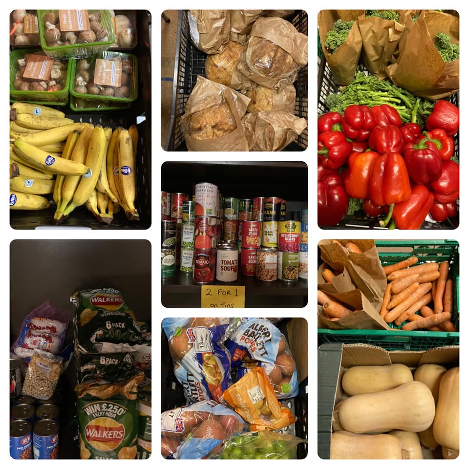 Items available. Mushrooms, bananas, bread, red peppers, asparagus, crisps, various tins, carrots, potatoes, squashes, 